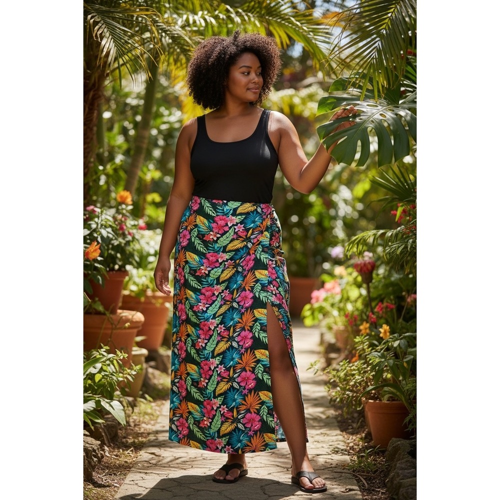 Serra Tropical Floral Beach Maxi Skirt XL 16-18 Elastic Waist Slit Resort NWT